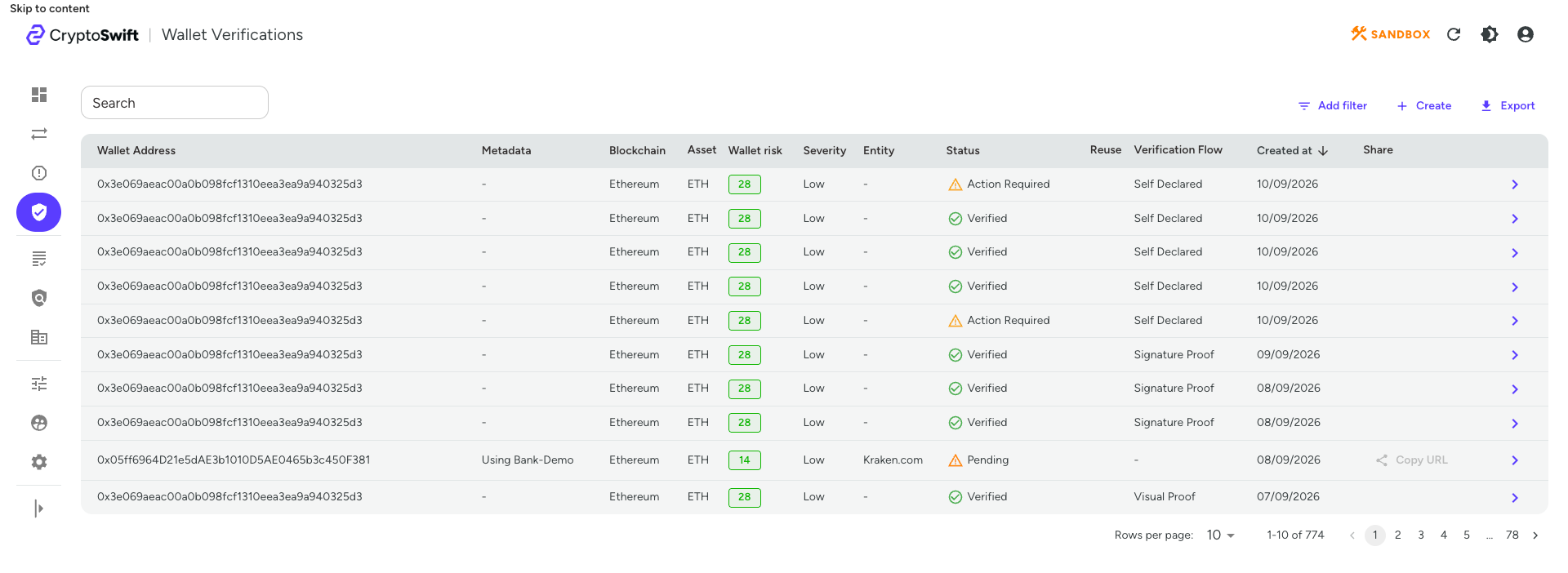 Wallet Verifications list in the Client Dashboard with the Create action